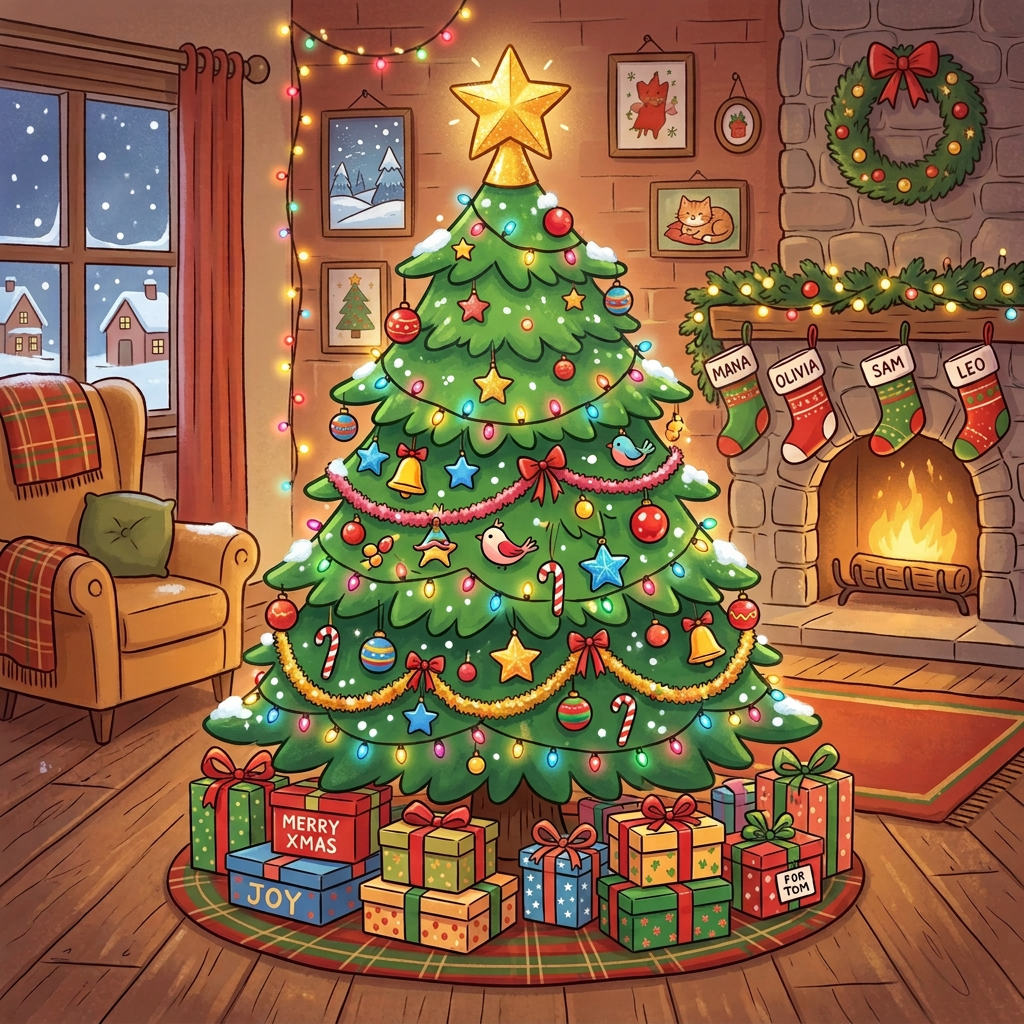 Decorated Christmas tree with lights, stockings, fireplace, and wrapped gifts